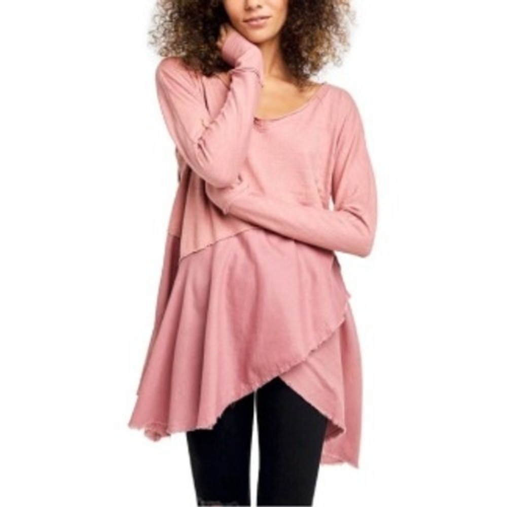 Free People Pink Flowy Gauze Waffle Knit V-Neck Asymmetrical Fairycore Tunic XS